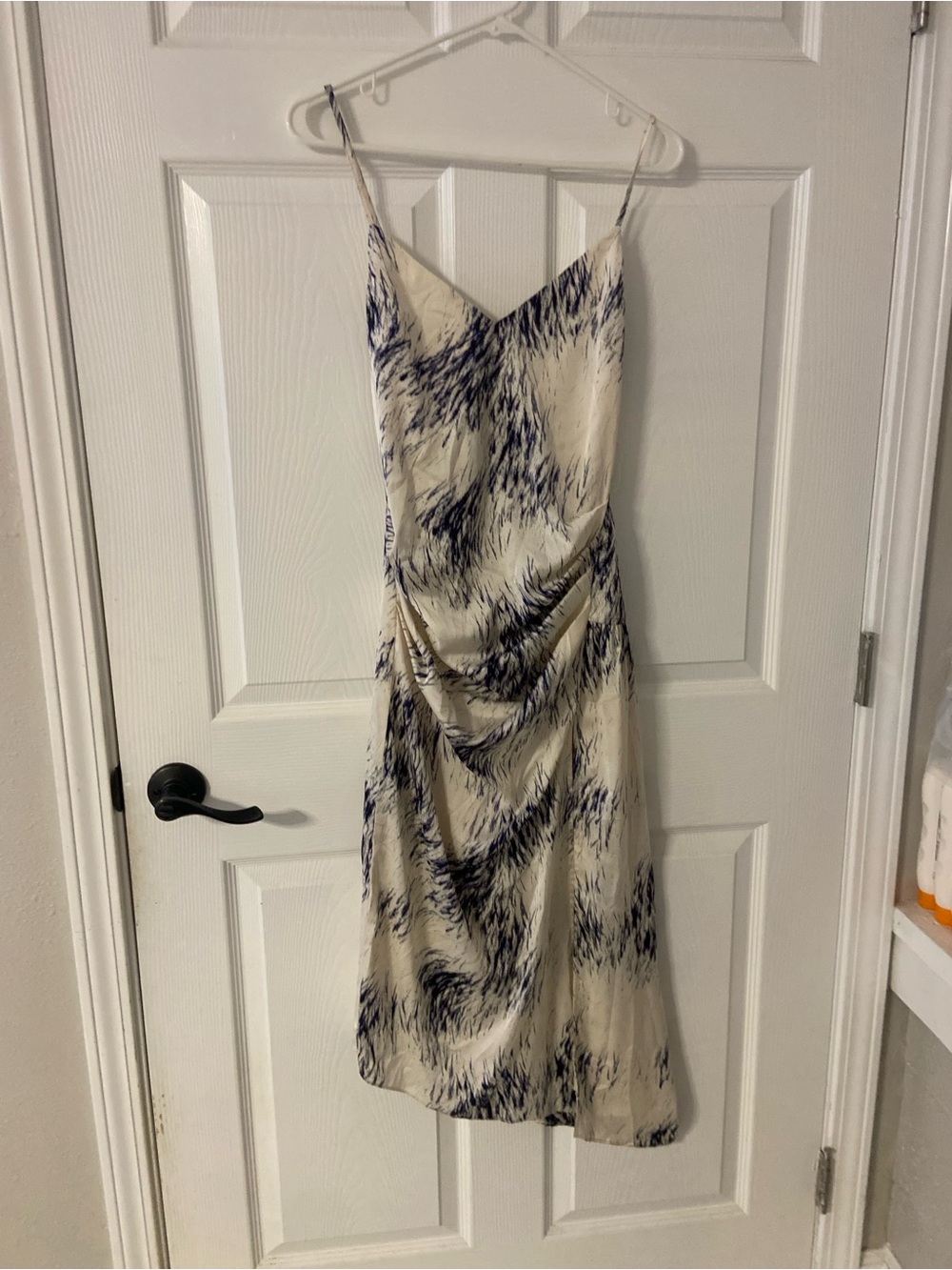 T40a- Crèam-Purple Satin Abstract Ruched Spaghetti Asymmetrical Hem Sheath Dress